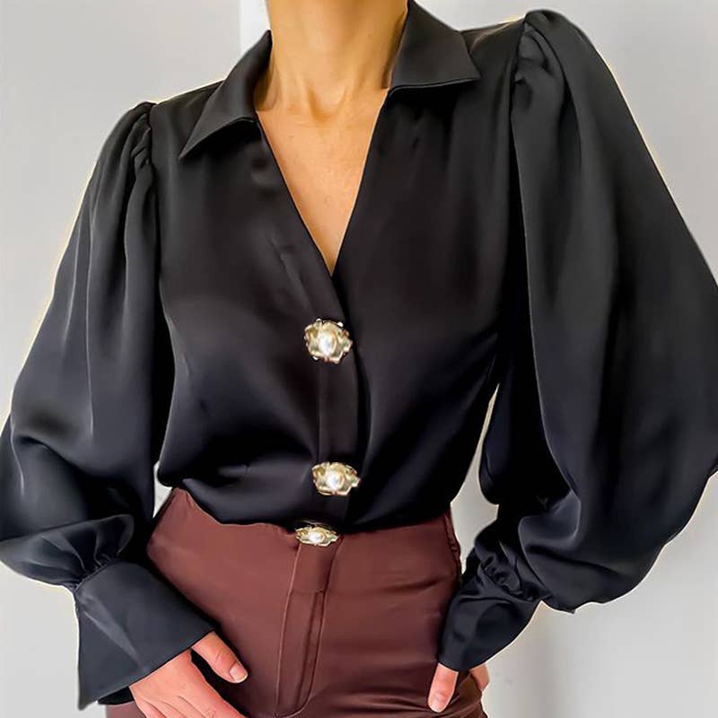 DESIGN SENSE SATIN SHIRT WITH LANTERN SLEEVES