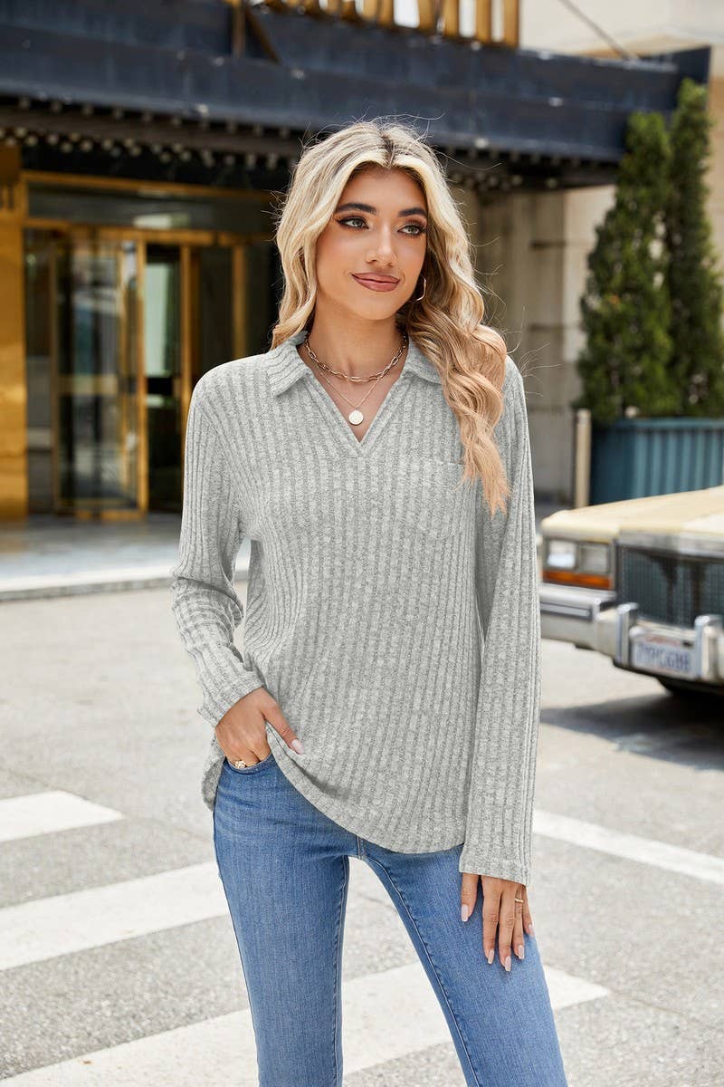 CWTBLL01314_RIBBED KNIT POLO LONG SLEEVE LOOSE TEE