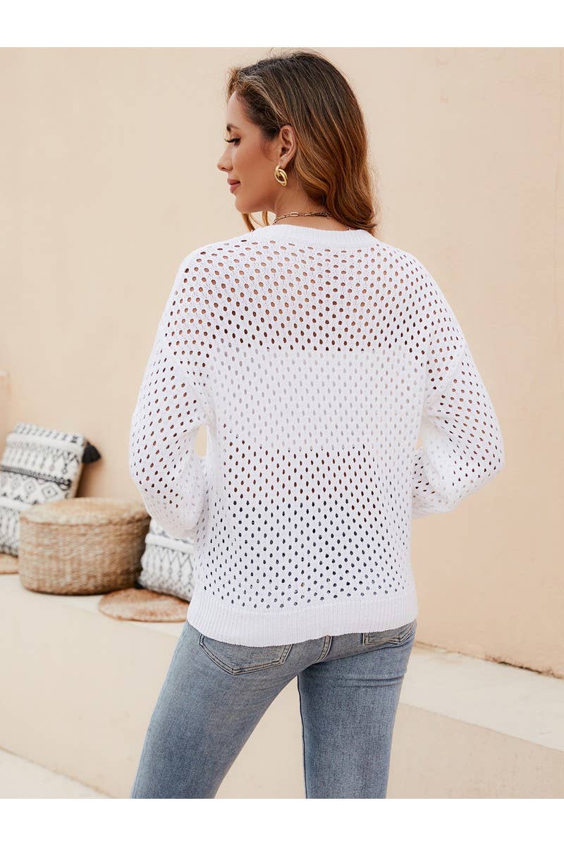 CWOSWL2449_Knit Hollow Out Crew Neck Long Sleeve Sweater