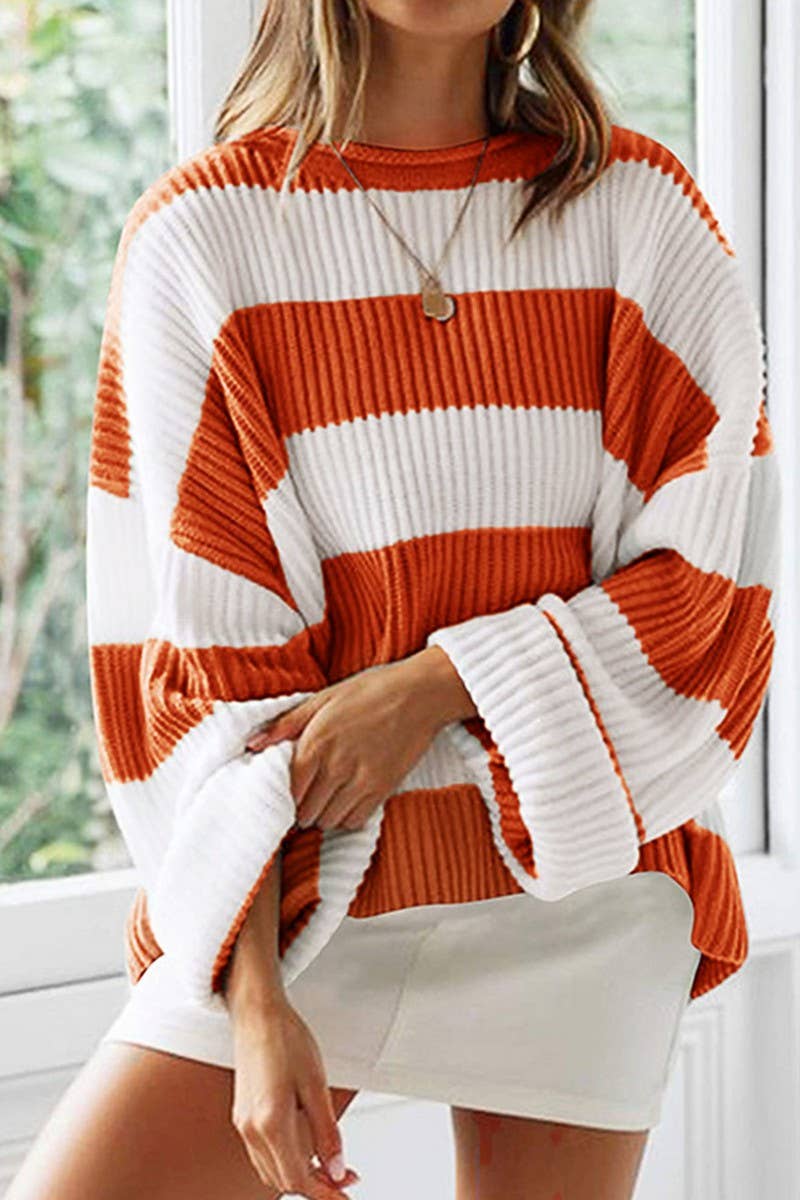 CWOSWL07625_RETRO COLORBLOCK STRIPED LOOSE KNIT SWEATER