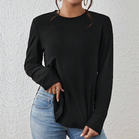 CASUAL ROUND NECK OPEN LONG-SLEEVED T-SHIRT TOP