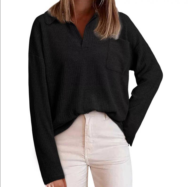 CASUAL BAGGY SOLID COLOR LAPEL POCKET SWEATER