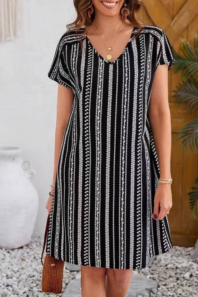 CWDSD8572_V-NECK FLORAL PRINT SHORT SLEEVE DRESS