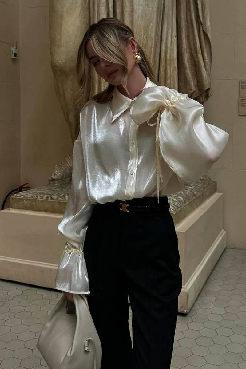 CWTBLL3454_CHAMPAGNE LAPEL SATIN LONG SLEEVE SHIRT