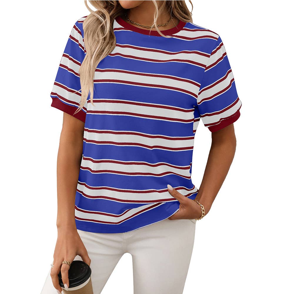 Crew-neck baggy top striped short-sleeved Top