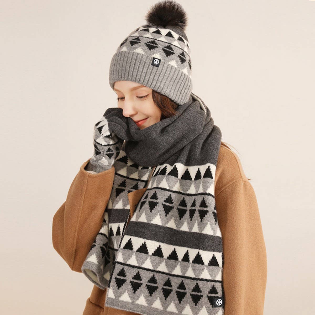KNITTED GLOVES SCARF HAT WOOL THREE PIECE SET