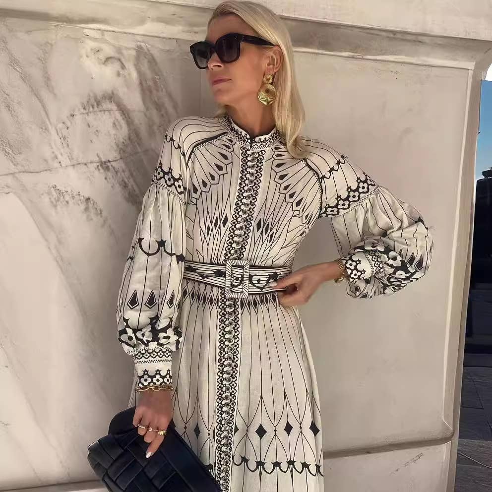 COTTON AND LINEN PRINT RETRO LANTERN SLEEVE DRESS