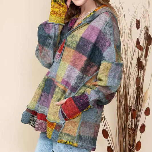 Fleece thermal hoodie plaid loose pullover hoodie