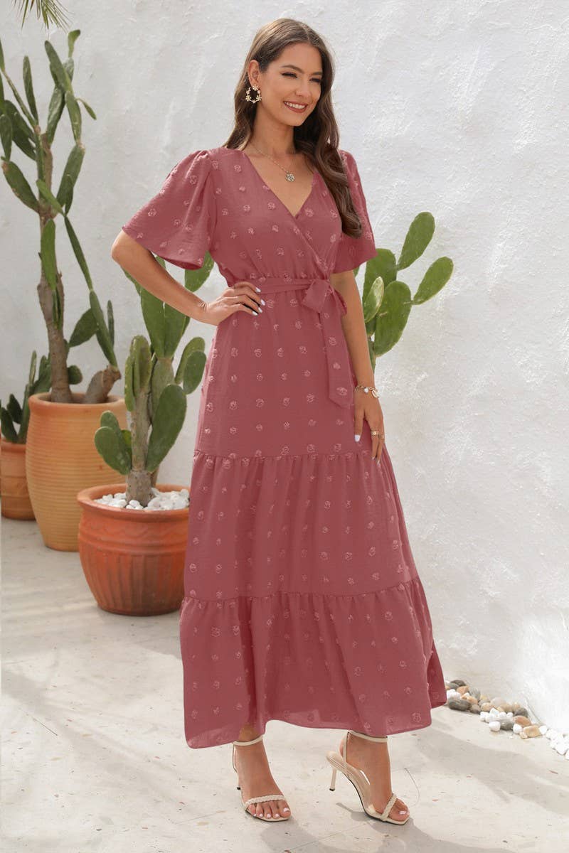 CWDMD2150_V NECK HIGH WAISTED SHORT SLEEVED LONG DRESS