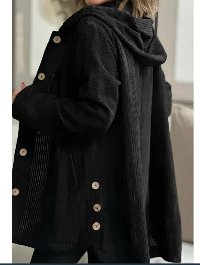 CORDUROY LONG SINGLE BREASTED HOODED LOOSE JACKET