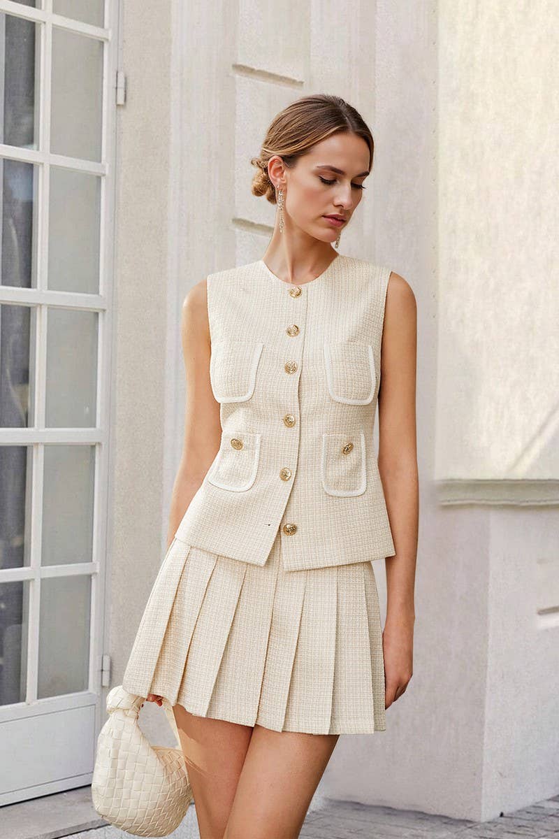 CWSTB2141_TWEED SLEEVELESS VEST & PLEATED SKIRT SET