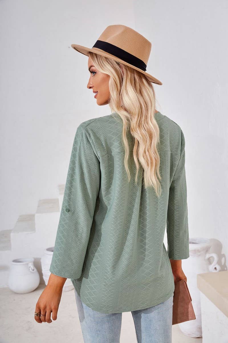 CWTBLL2375_SOLID COLOR V-NECK THREE-QUARTER SLEEVE TOP