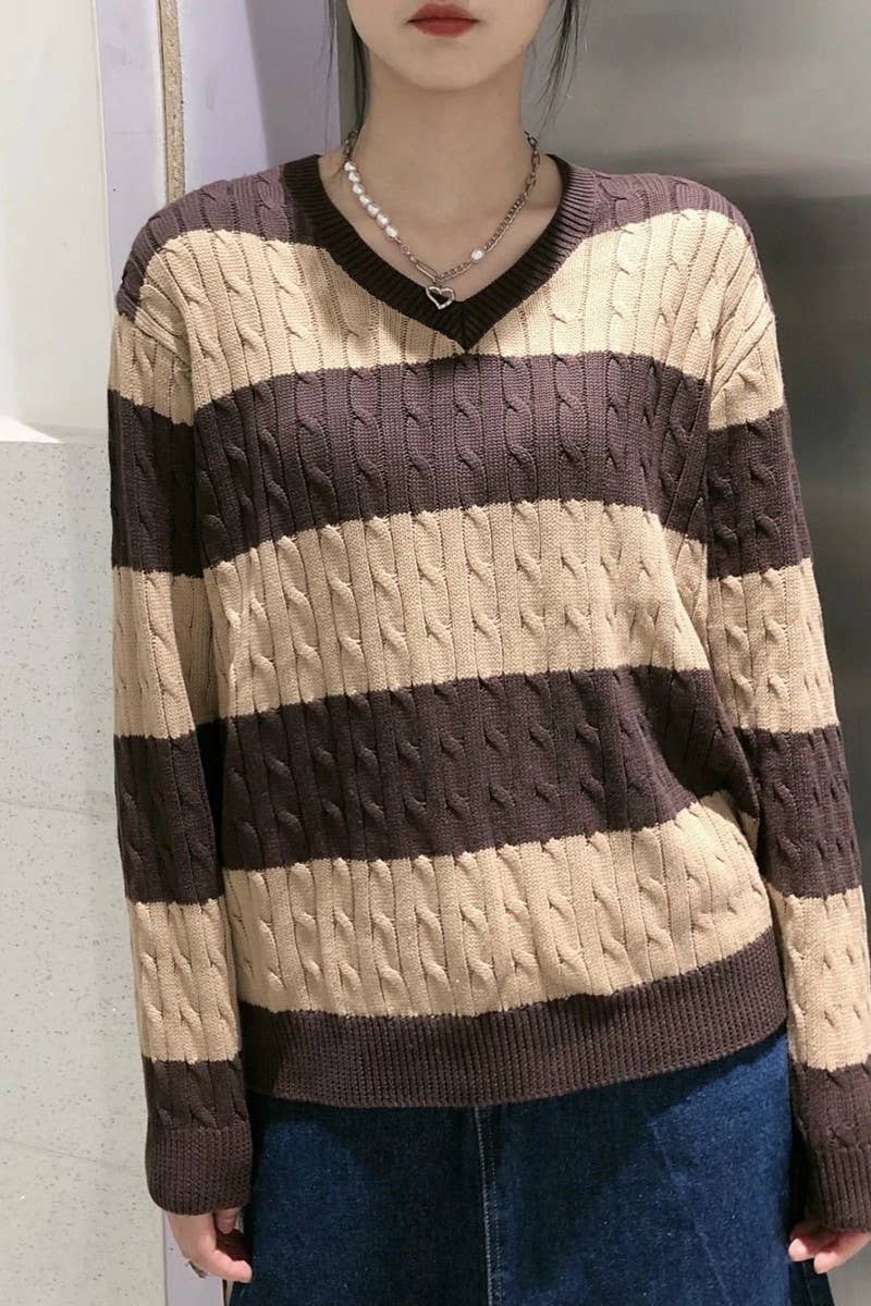 CWOSWL5744_V-NECK STRIPED CONTRAST CHUNKY KNIT SWEATER