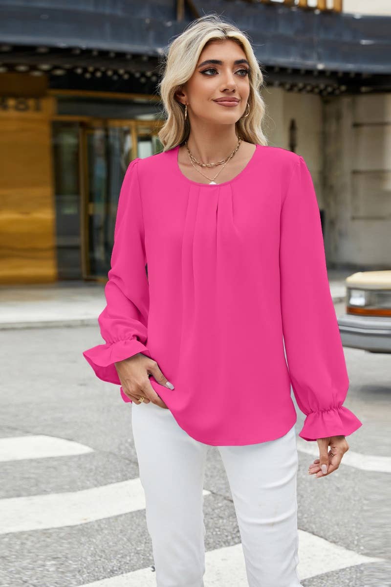 CWTBLL2871_CREW-NECK CHIFFON BAGGY LONG-SLEEVED BASE TOP