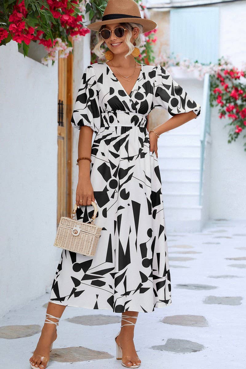 CWDMD2751_V NECK GEOMETRIC PRINT DRESS