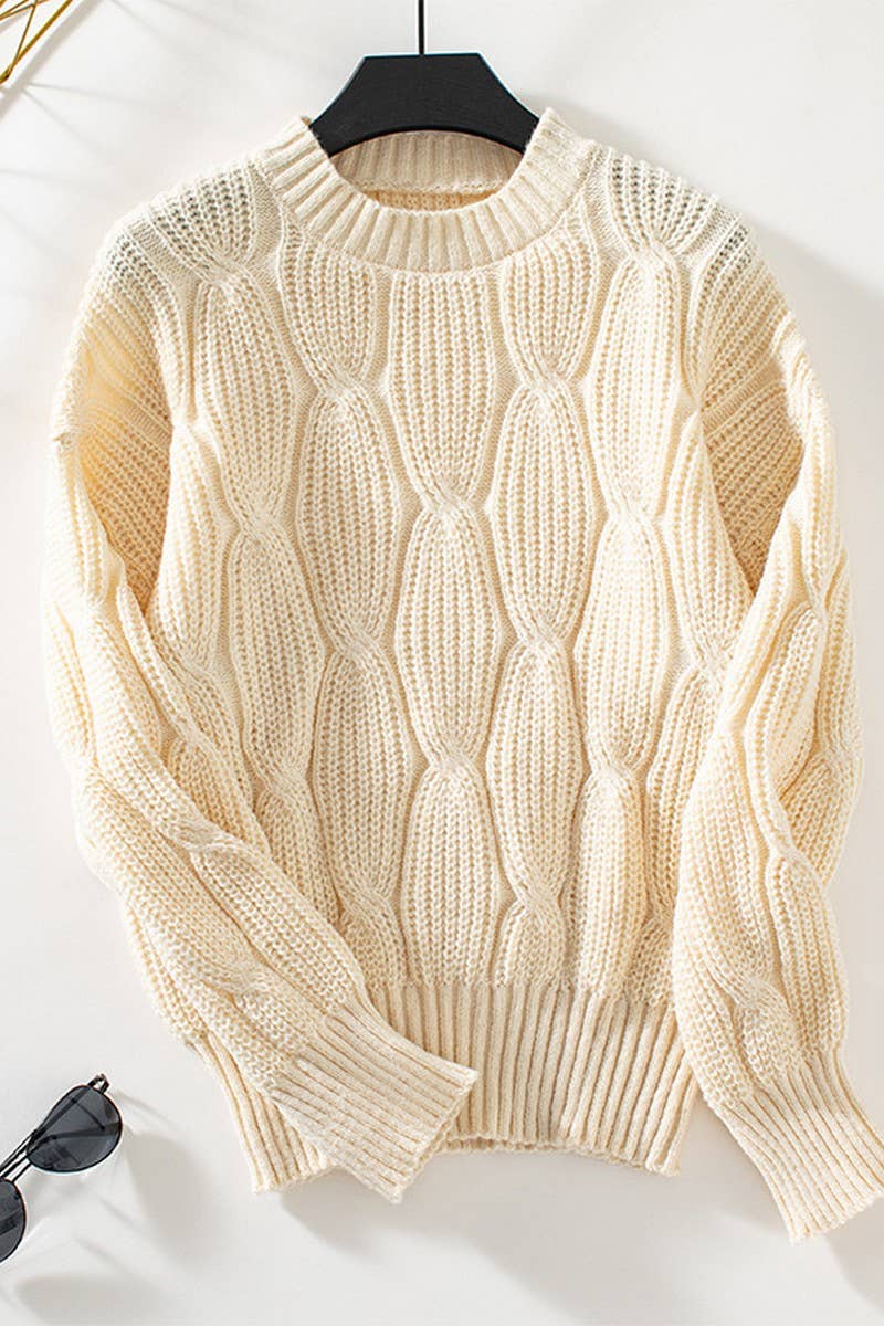 CWOSWL2923_SOLID COLOR PULLOVER CABLE KNIT SWEATER