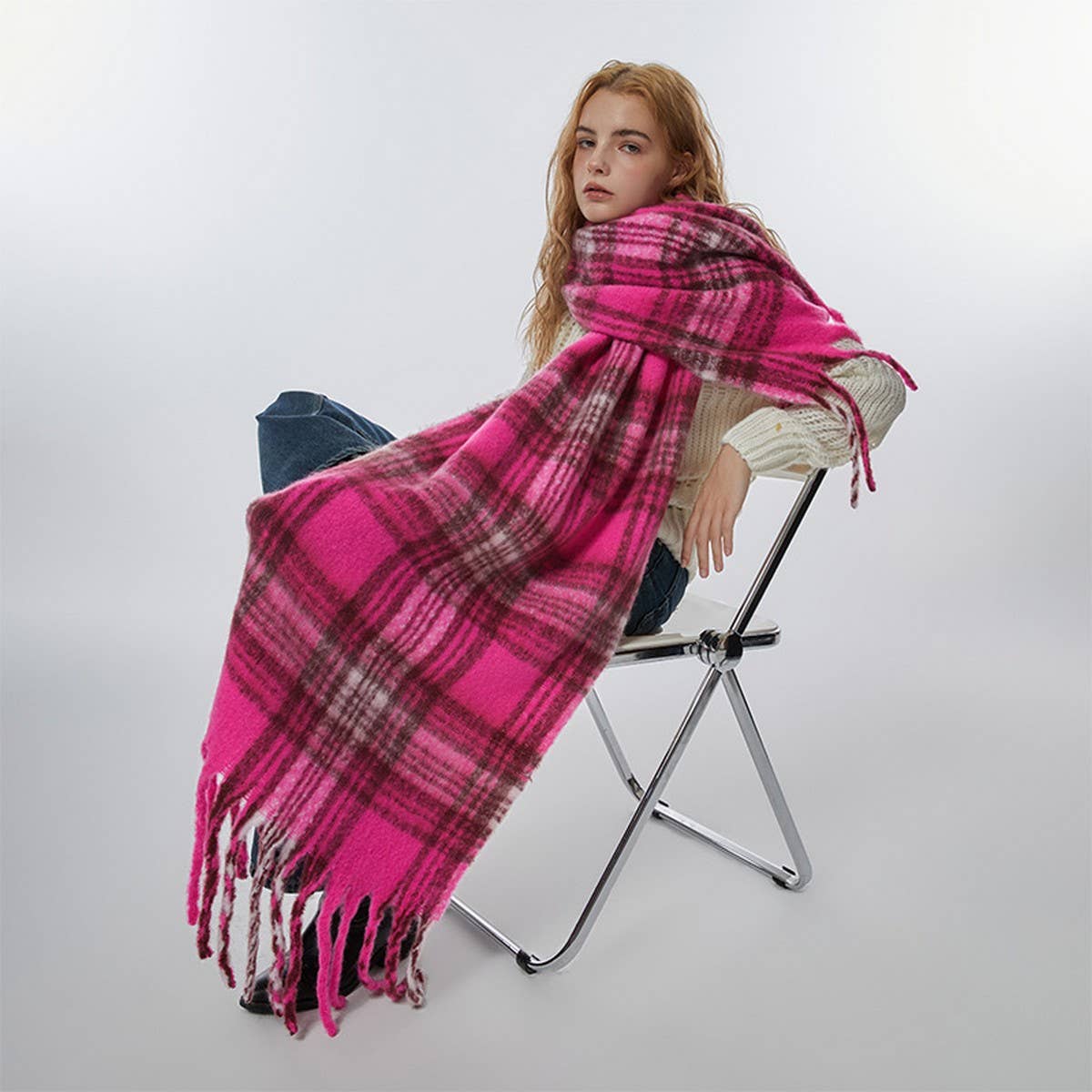 Wide Faux Cashmere Tassel Scarf-Winter Plaid Shawl