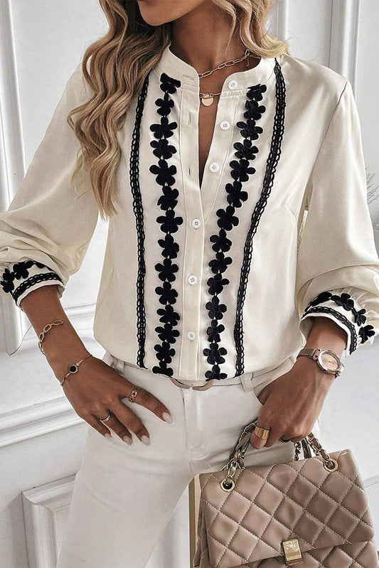 FLORAL EMBROIDERY SINGLE-ROW BUTTON-DOWN SHIRT