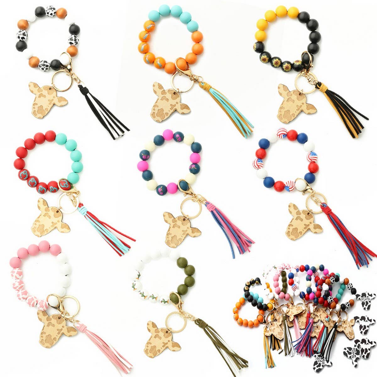 Cow Head Keychain with Tassel and Wood Beads_CWAB5093