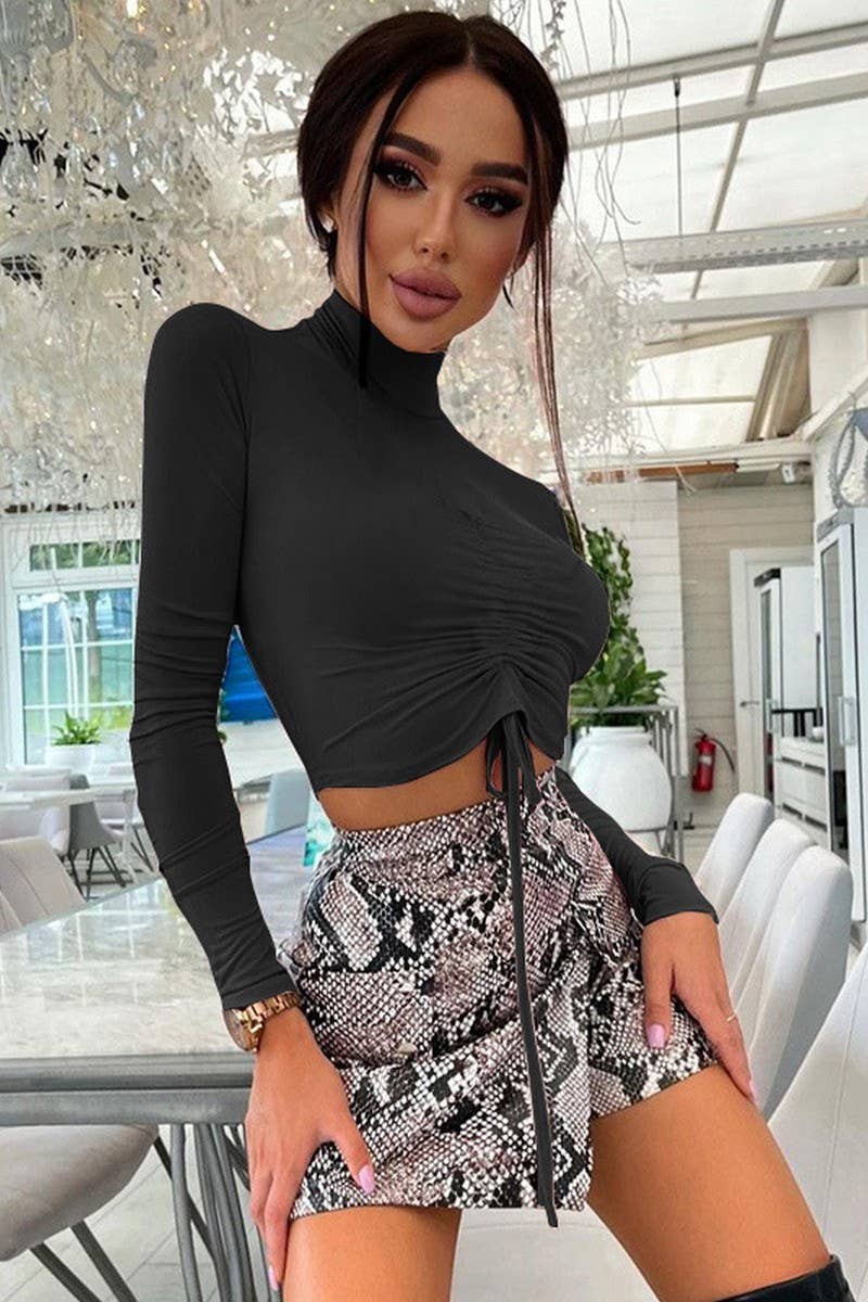 CWTBLL3773_PLEATED MIDRIFF-EXPOSED MOCK NECK LONG SLEEVE TOP