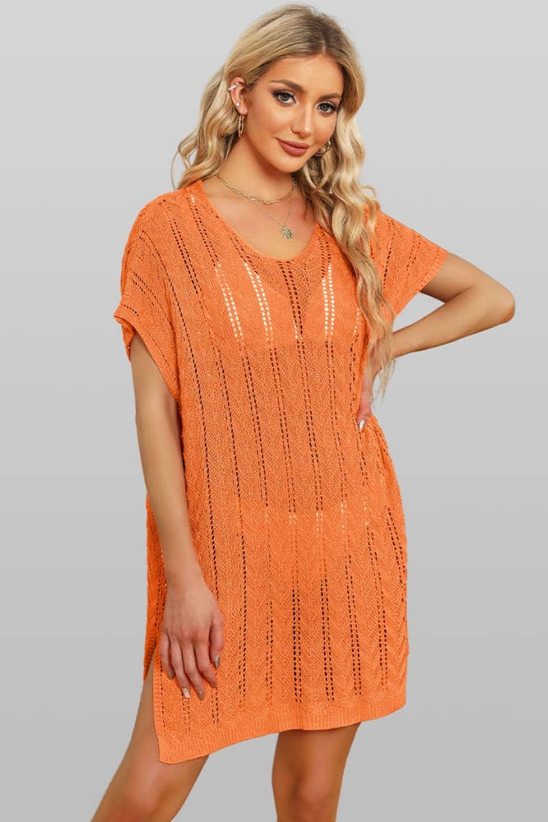 CWDSD3930_SOLID COLOR CUT-OUT SPLIT BEACH DRESS SMOCK