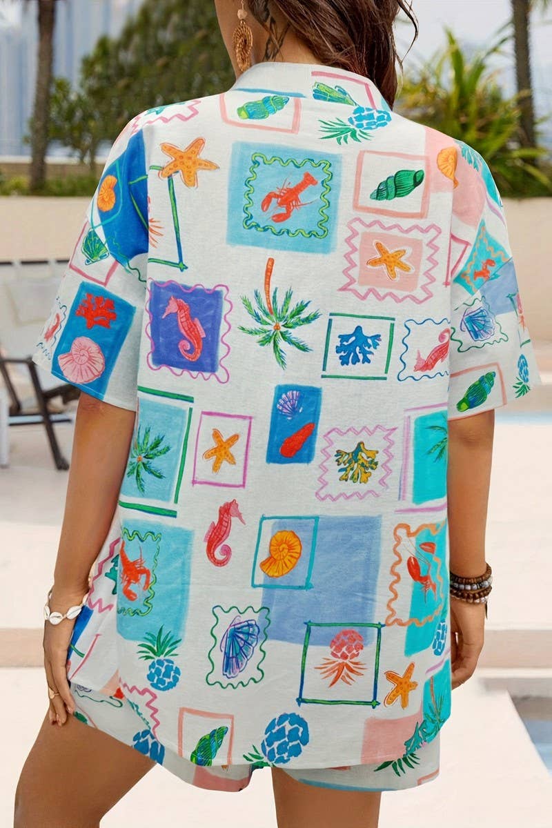 CWSTB2135_GRAFFITI PRINT SHIRT & TIE WAIST SHORTS SET