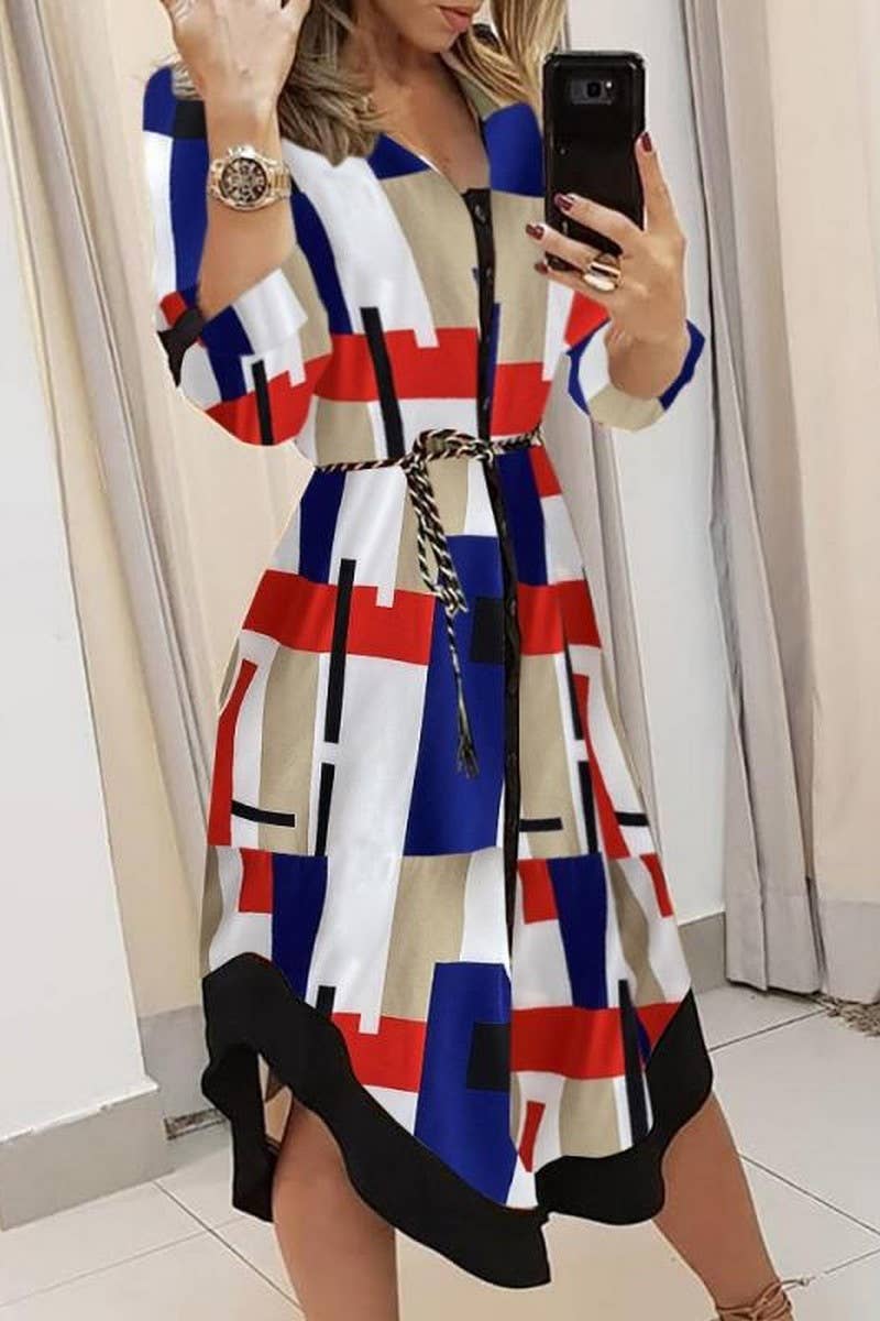 CWDMD4107_PLAID PRINT V-NECK THREE-QUARTER SLEEVE TIE DRESS