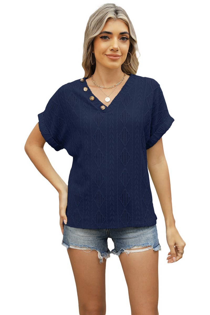 CWTBLS1704_V-NECK JACQUARD BUTTON SHORT-SLEEVED HOLLOW TOP