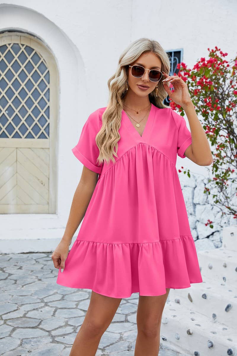 CWDSD3113_V Neck Tiered Short Sleeve Dress