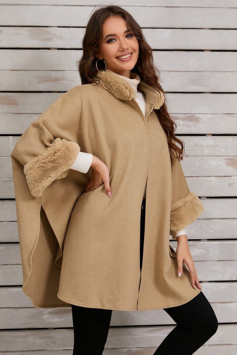 CWOCO0950_SOLID COLOR FUR COLLAR CAPE COAT