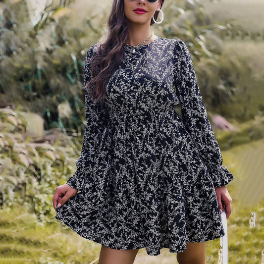 CREW NECK LONG SLEEVE PRINTED WAIST DRESS