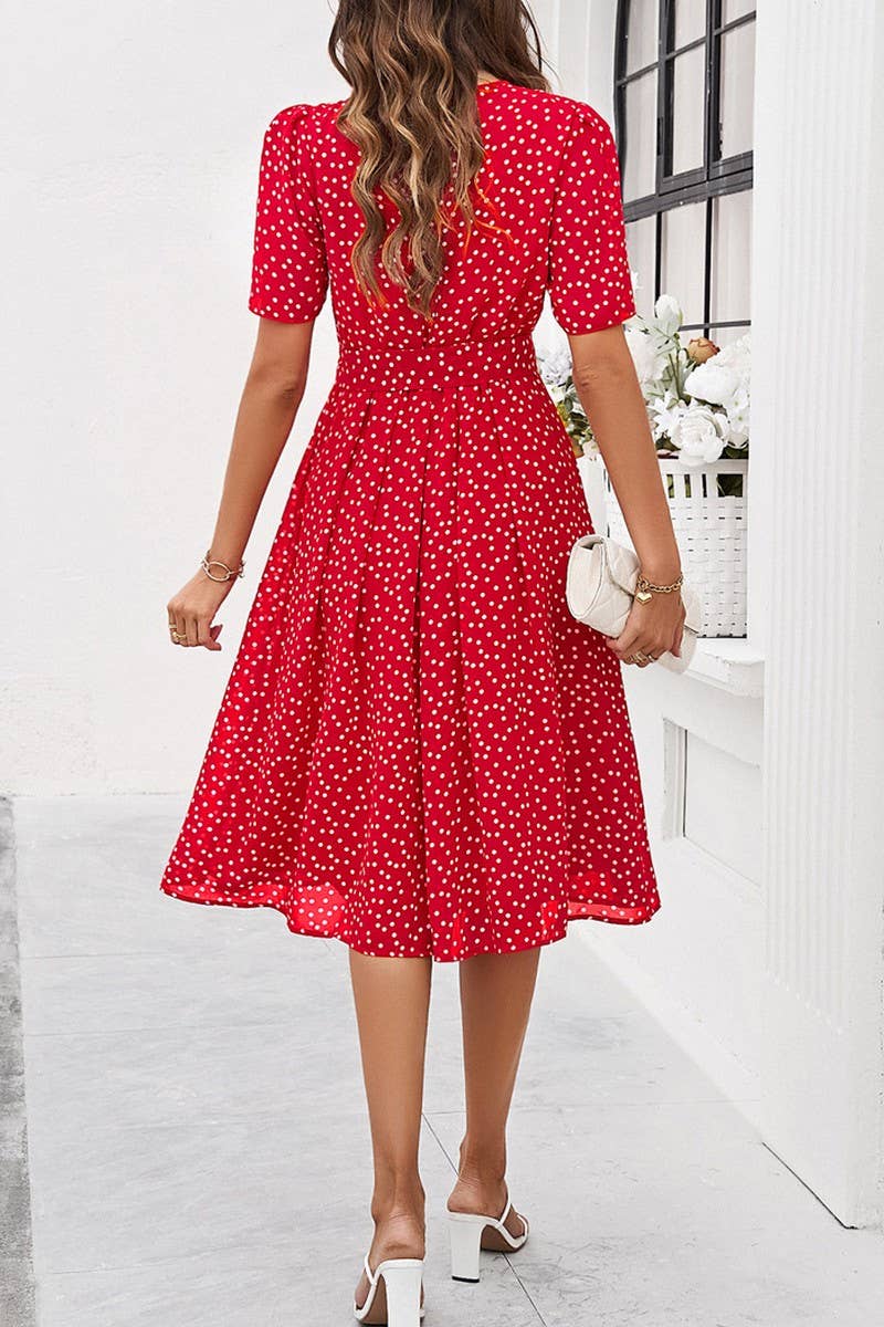 CWDSD7139_TEMPERAMENT CASUAL POLKA DOT LACE-UP PRINT DRESS