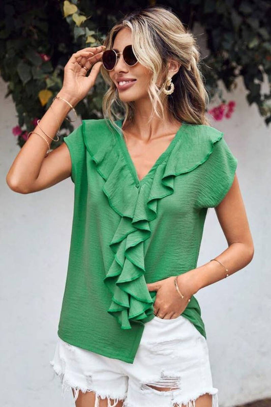 CWTBLS0665_WOMEN'S SHORT-SLEEVED V-NECK RUFFLED TOP
