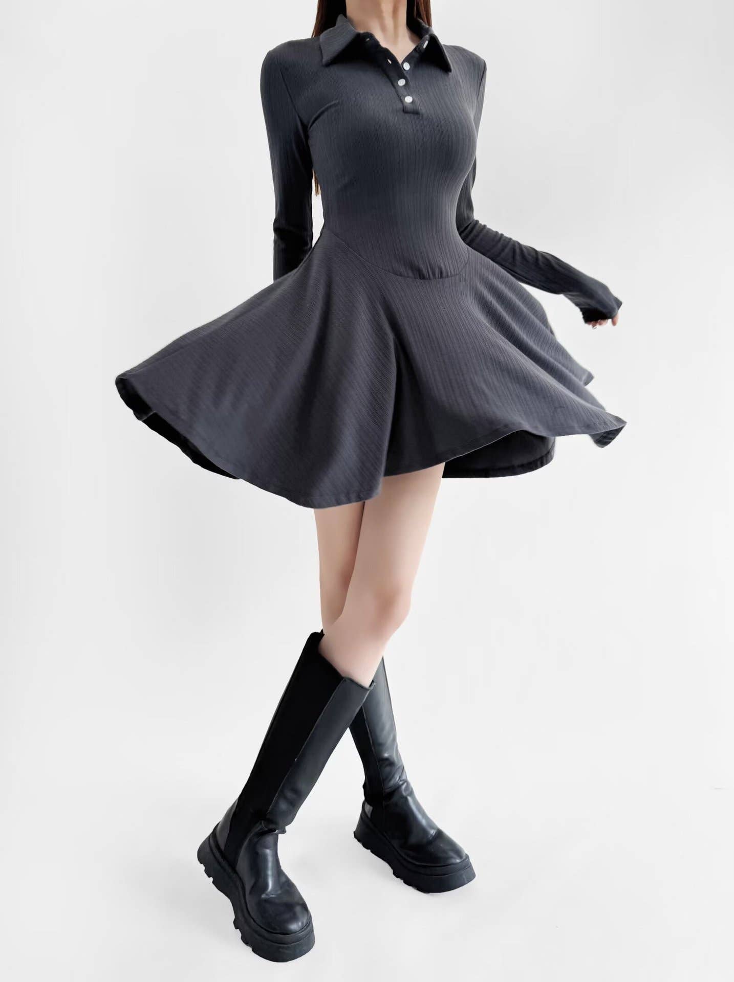 College style retro solid-color Polo lapel dress