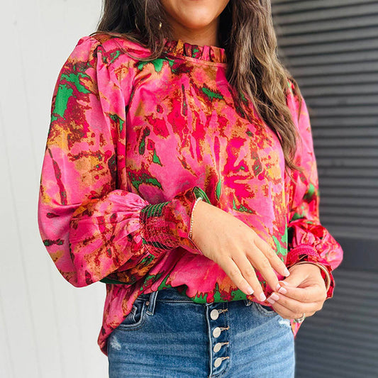 COLOR MATCHING PLEATED STAND COLLAR CHIFFON SHIRT