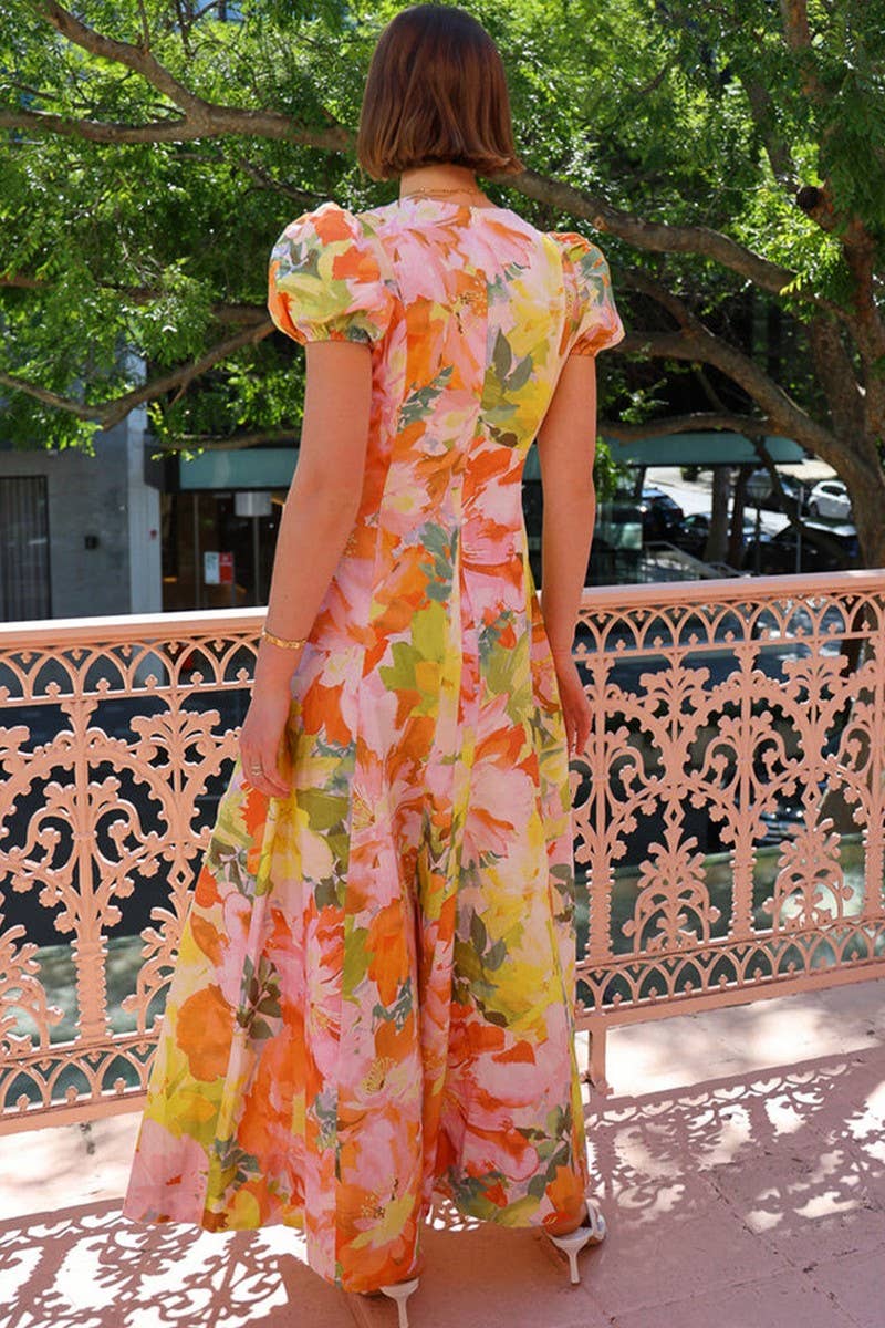 CWDMD6316_LOW-CUT V-NECK STRIPED PUFF SLEEVE SWING DRESS