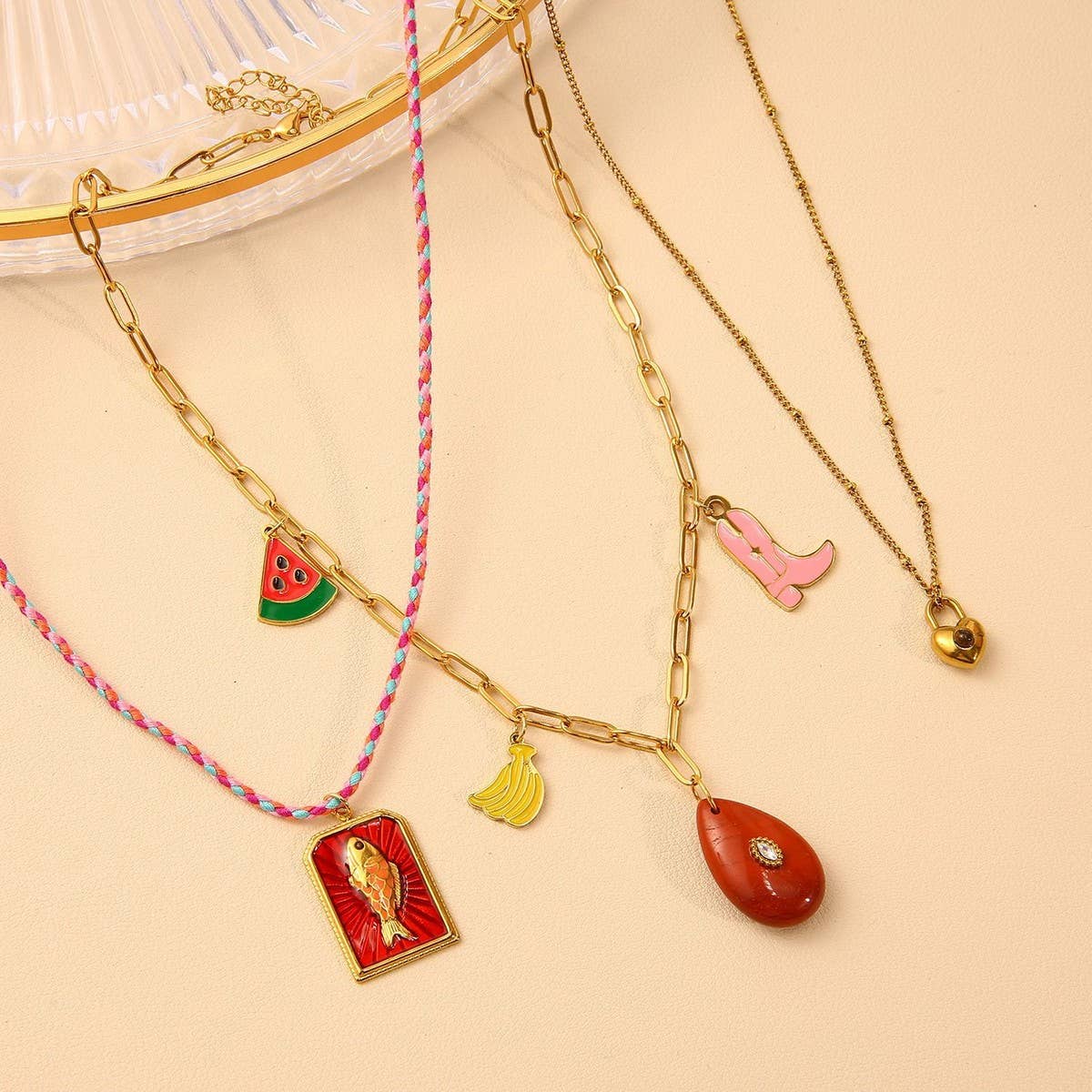 Fruit Pendant Necklace with Stone & Cotton Cord