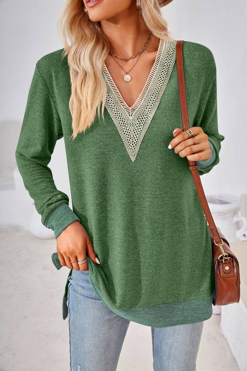 CWTBLL3660_AUTUMN NEW V-NECK LACE SOLID COLOR LOOSE T-SHIRT