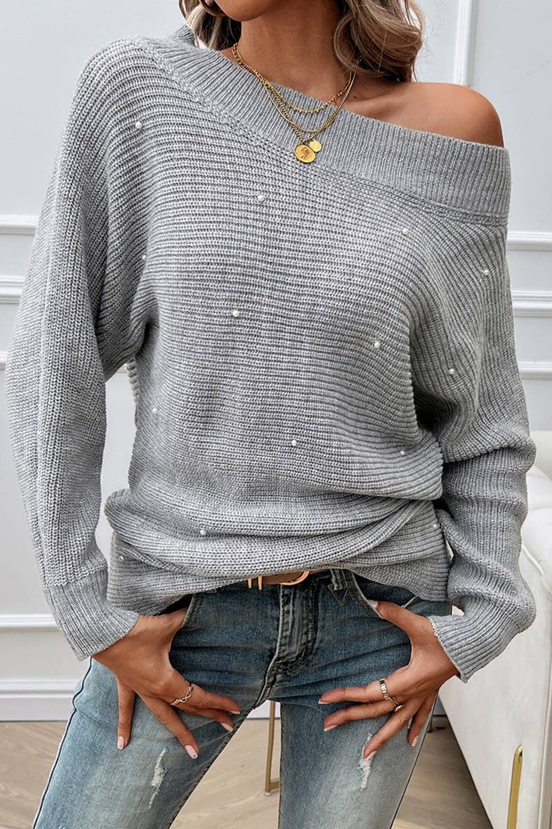 CWOSWL6510_ONE-SHOULDER SOLID COLOR LONG-SLEEVED SWEATER