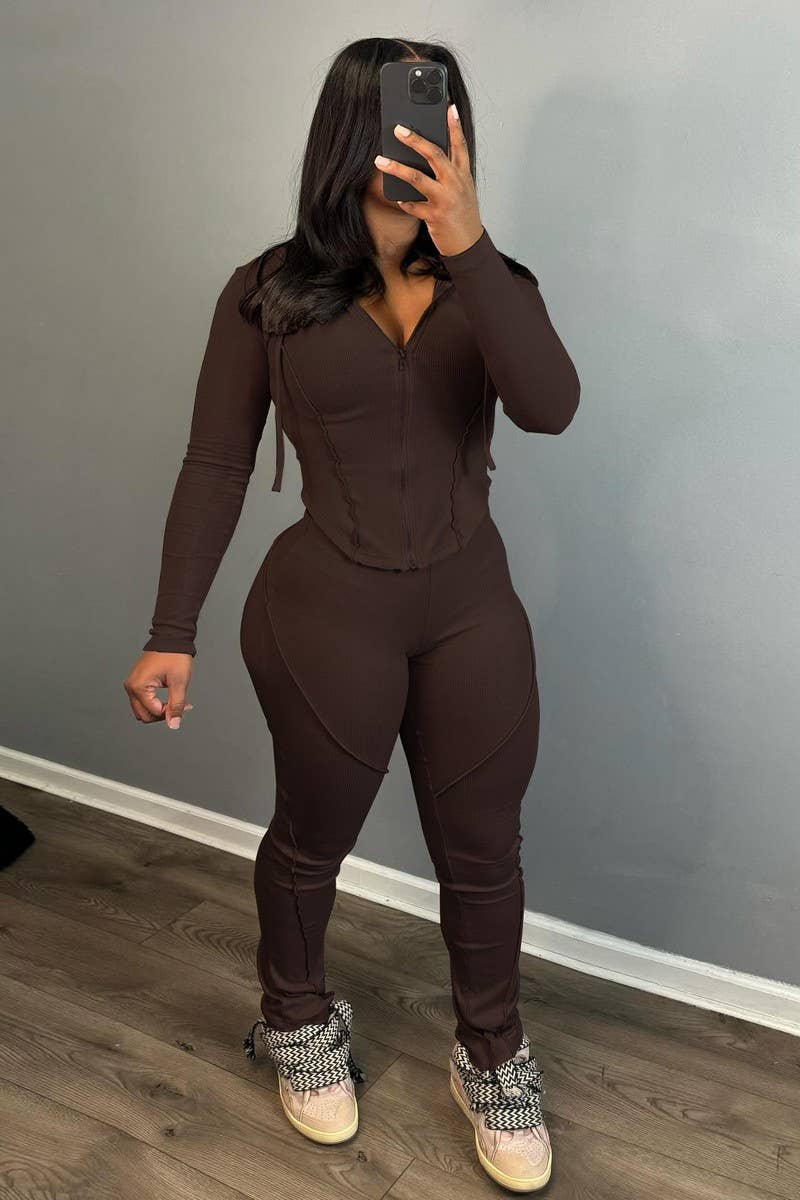 CWSTB1492_HOODED ZIPPER LONG SLEEVE PANTS TWO-PIECE SET