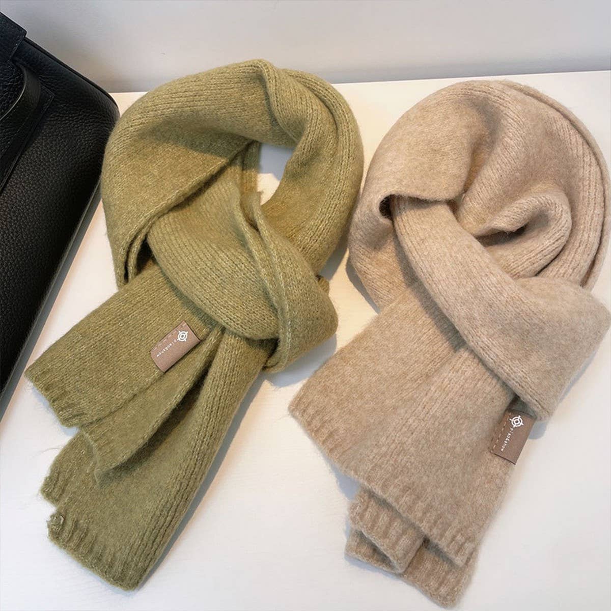 Cozy Beige Wool Blend Knit Scarf Thick Warm Unisex