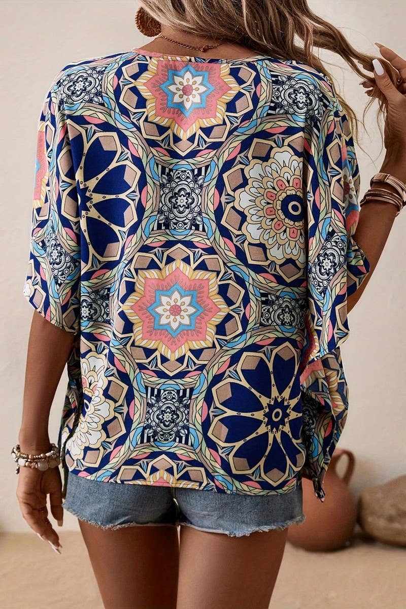 CWTBLS2057_SUMMER LOOSE VINTAGE FLORAL V-NECK SHIRT