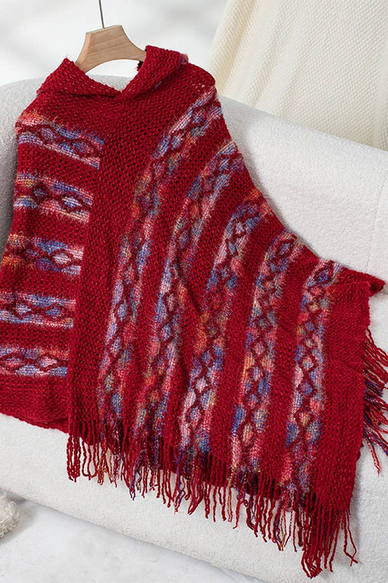CWOSWS0091_STRIPED HOODED KNITTED FRINGED CAPE SHAWL
