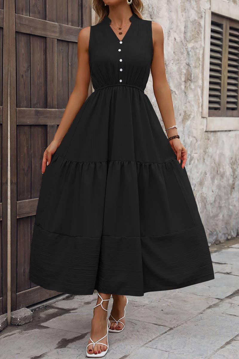 CWDMD5280_V-NECK SOLID SLEEVELESS STAND COLLAR A-LINE DRESS