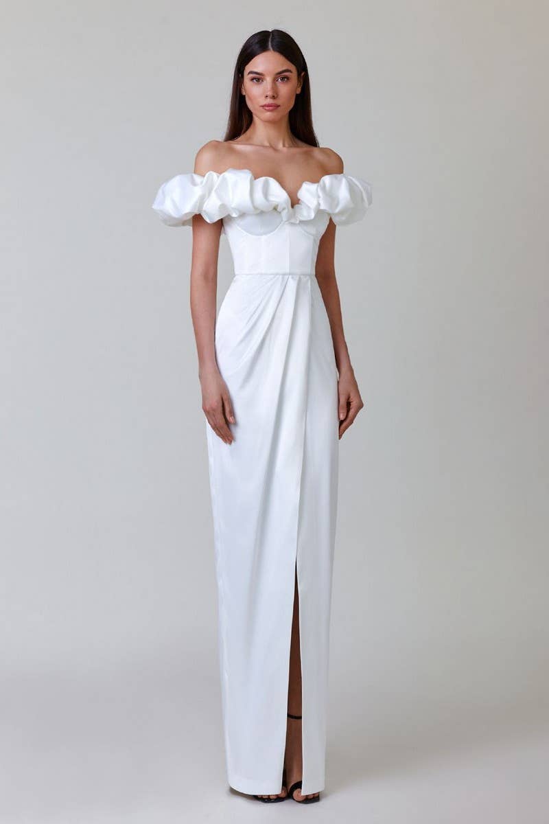 CWDMD5622_ELEGANT OFF-SHOULDER RUFFLE HIGH SLIT MAXI DRESS