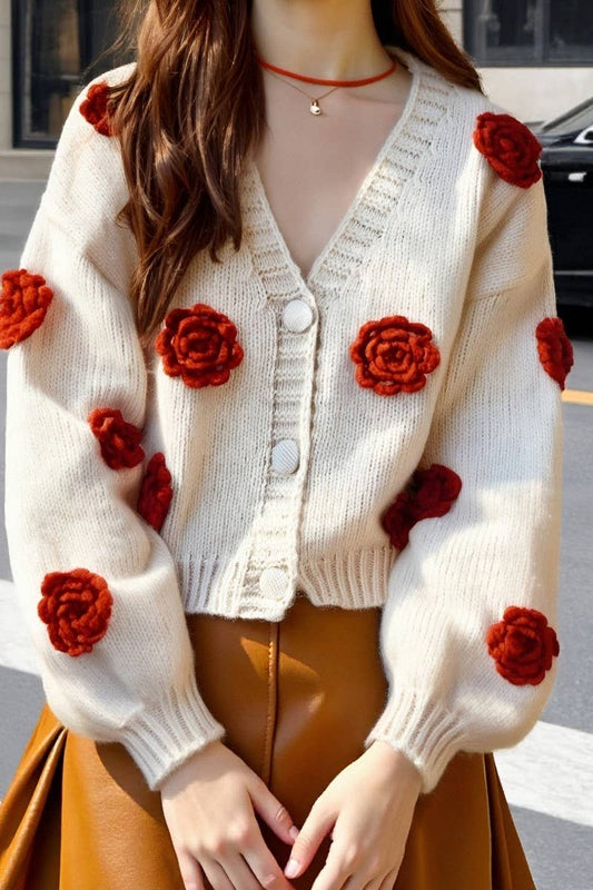 CWOCAL2357_3D FLORAL KNIT V-NECK BUTTON CARDIGAN