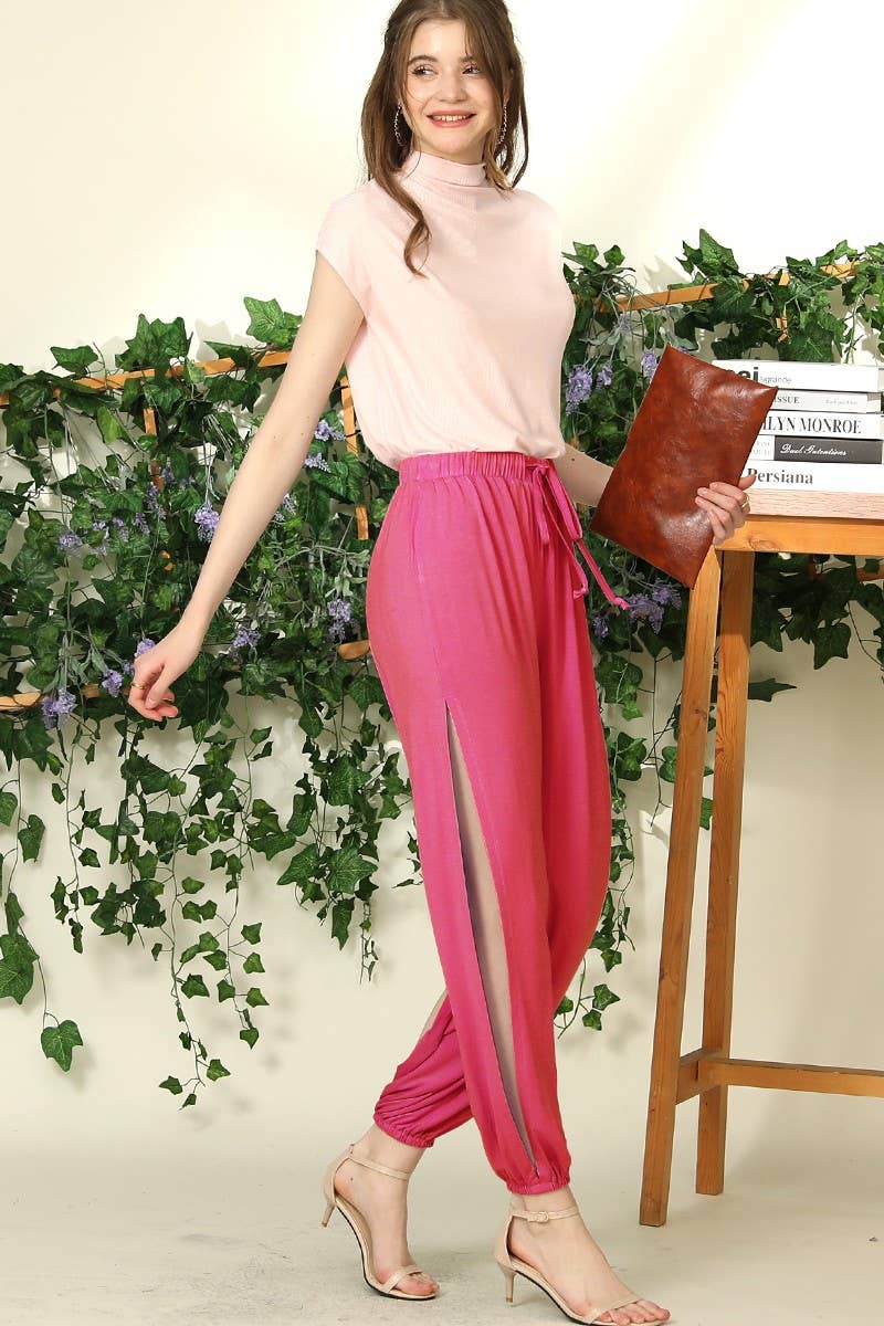 CWBLP427_LOOSE FIT SIDE SLIT DETAILED LONG PANT