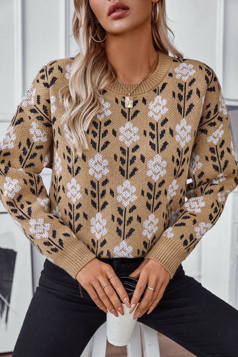 CWOSWL2927_FLORAL JACQUARD LONG-SLEEVED PULLOVER SWEATER