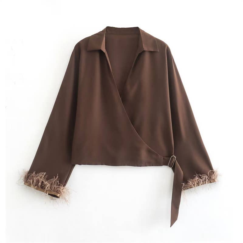 Feather embellished silk midriff lace-up shirt