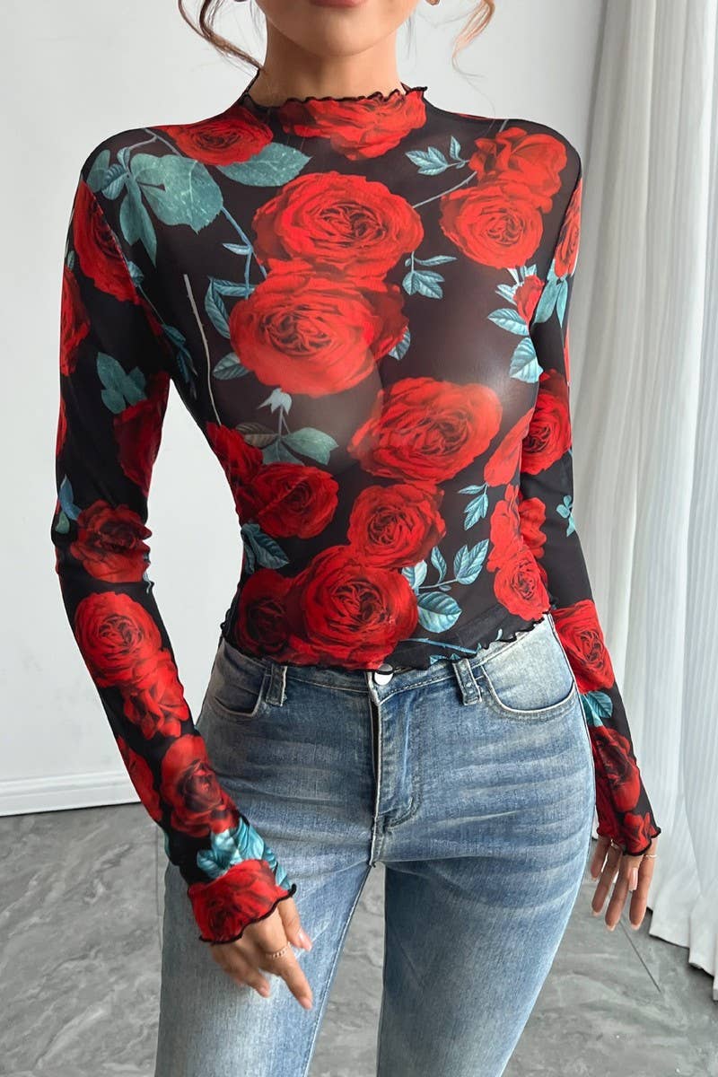 CWTBLL3910_SHEER ROSE FLORAL PRINT LONG SLEEVE MESH TOP